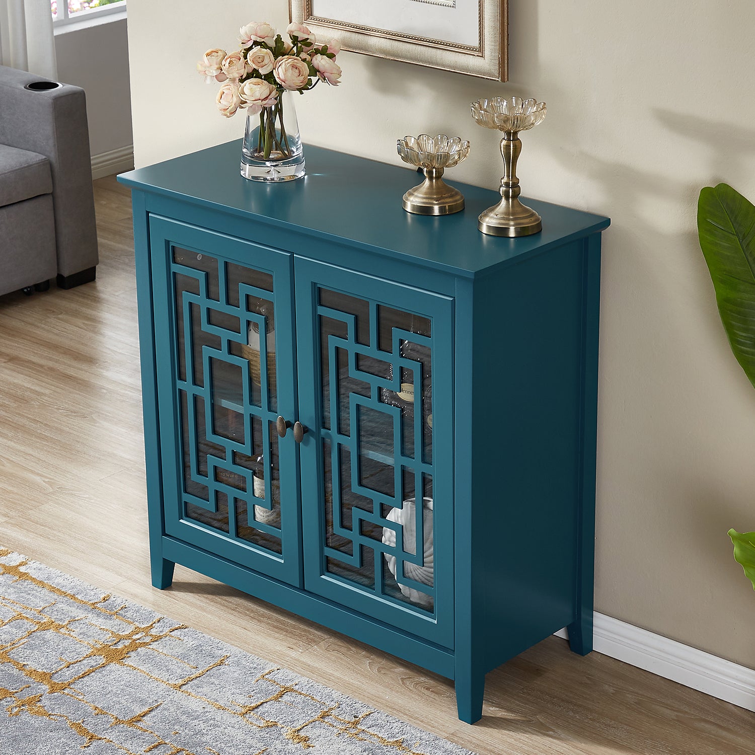 Storage Cabinet, Buffet Sideboard, Teal Blue Teal Blue Primary Living Space Adjustable Shelves Mdf Glass