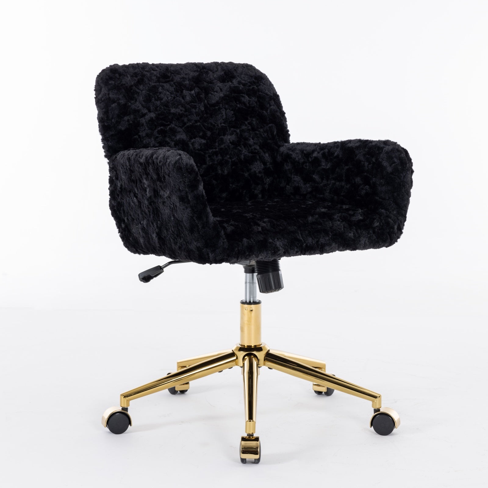 Office Chair,Artificial Rabbit Hair Home Office Chair With Golden Metal Base,Adjustable Desk Chair Swivel Office Chair,Vanity Chair Black Black Study Foam Upholstered