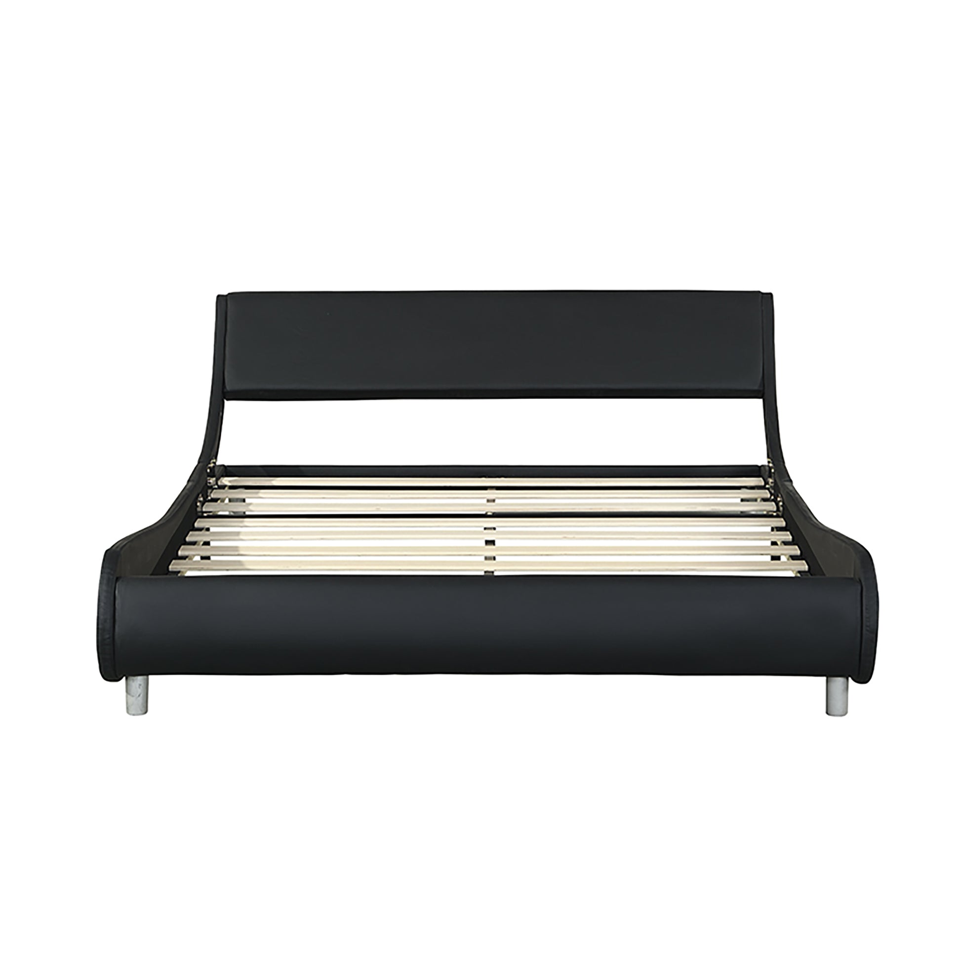 Faux Leather Upholstered Platform Bed Frame,Led Lighting With Remote Controller And App,Curve Design,Wood Slat Support,No Box Spring Needed,Easy Assemble,Queen Size,Black Black Leather