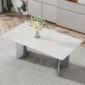 Modern Minimalist Dining Table. The White Imitation Marble Glass Desktop Is Equipped With Silver Metal Legs. Suitable For Restaurants And Living Rooms 71
