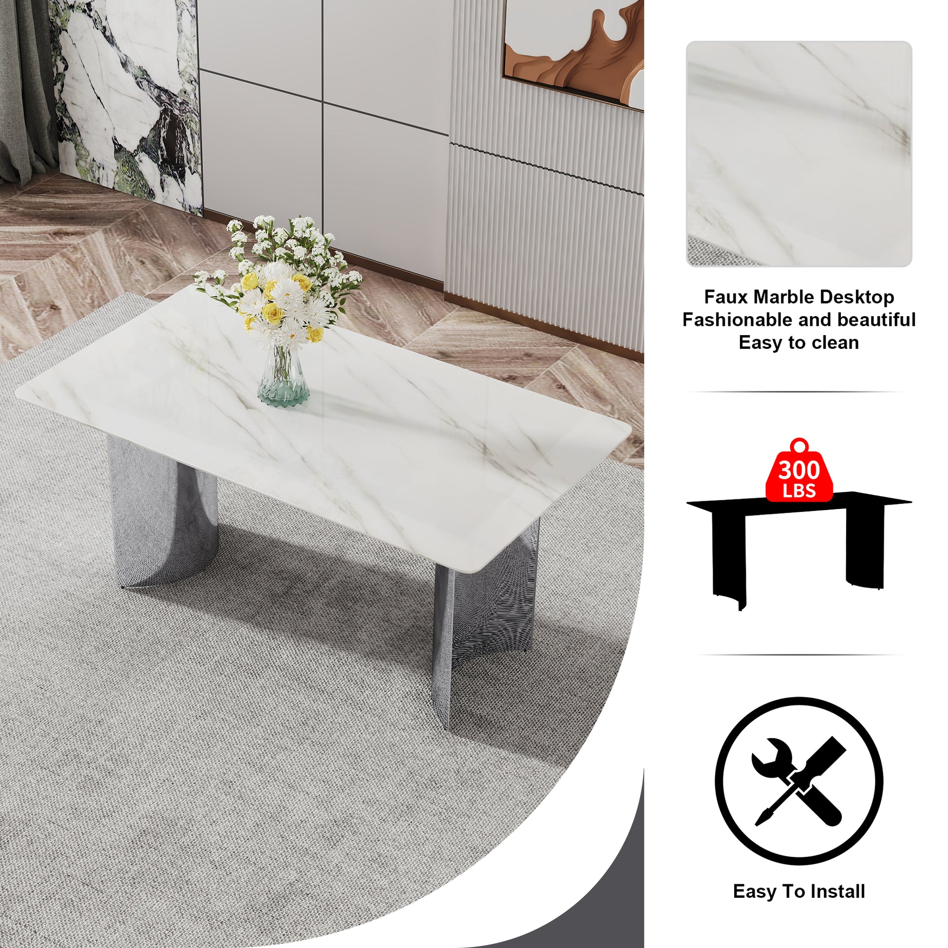 Modern Minimalist Dining Table. White Imitation Marble Glass Sticker Desktop, Stainless Steel Legs, Stable And Beautiful. Suitable For Living Room And Dining Room 63" *35.4" *29.5"Dt 69 White Glass