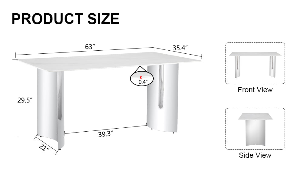 Modern Minimalist Dining Table. White Imitation Marble Glass Sticker Desktop, Stainless Steel Legs, Stable And Beautiful. Suitable For Living Room And Dining Room 63" *35.4" *29.5"Dt 69 White Glass