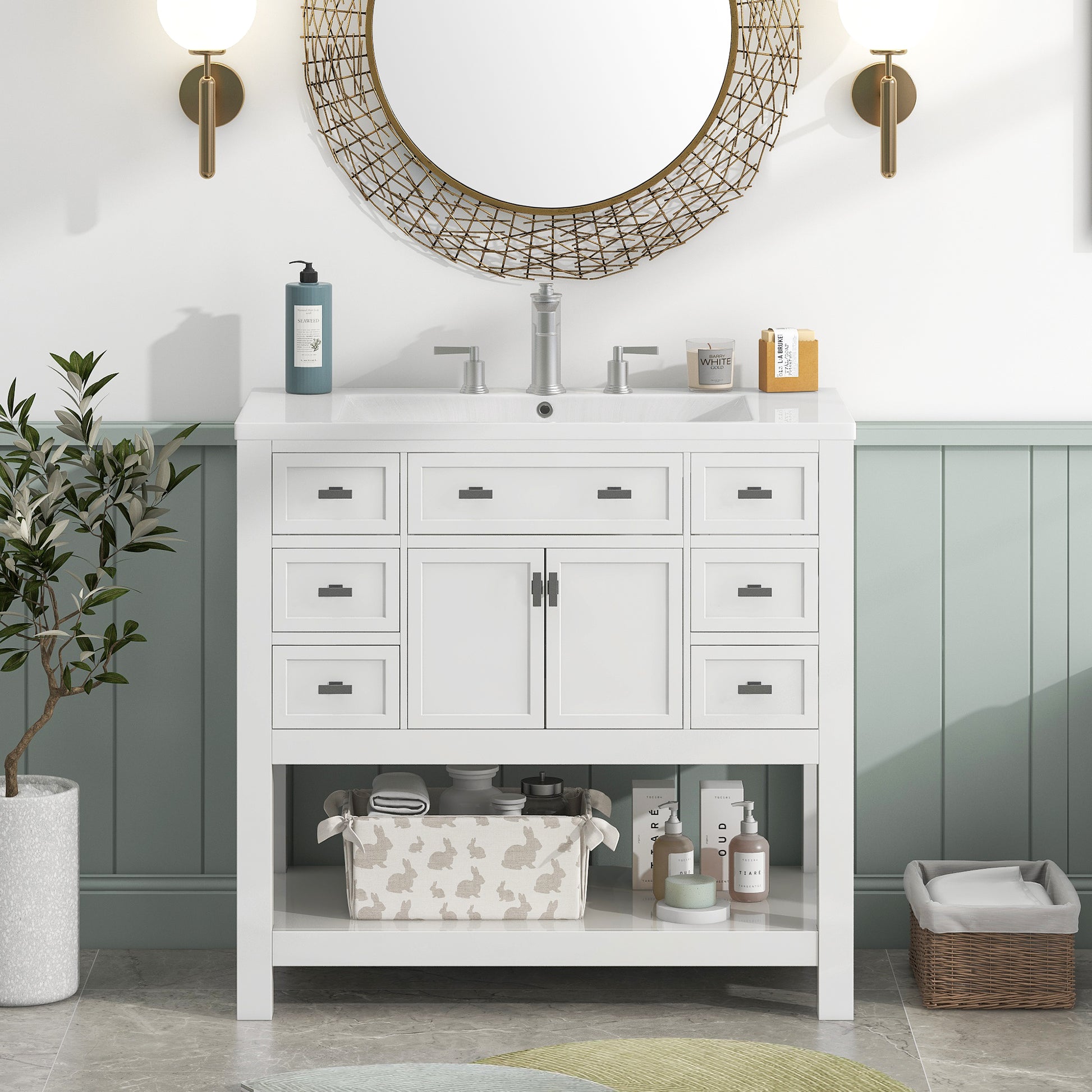 36'' Bathroom Vanity With Top Sink, Modern Bathroom Storage Cabinet With 2 Soft Closing Doors And 6 Drawers, Single Sink Bathroom Vanity 4 White 2 1 Soft Close Doors Freestanding Mdf Painted