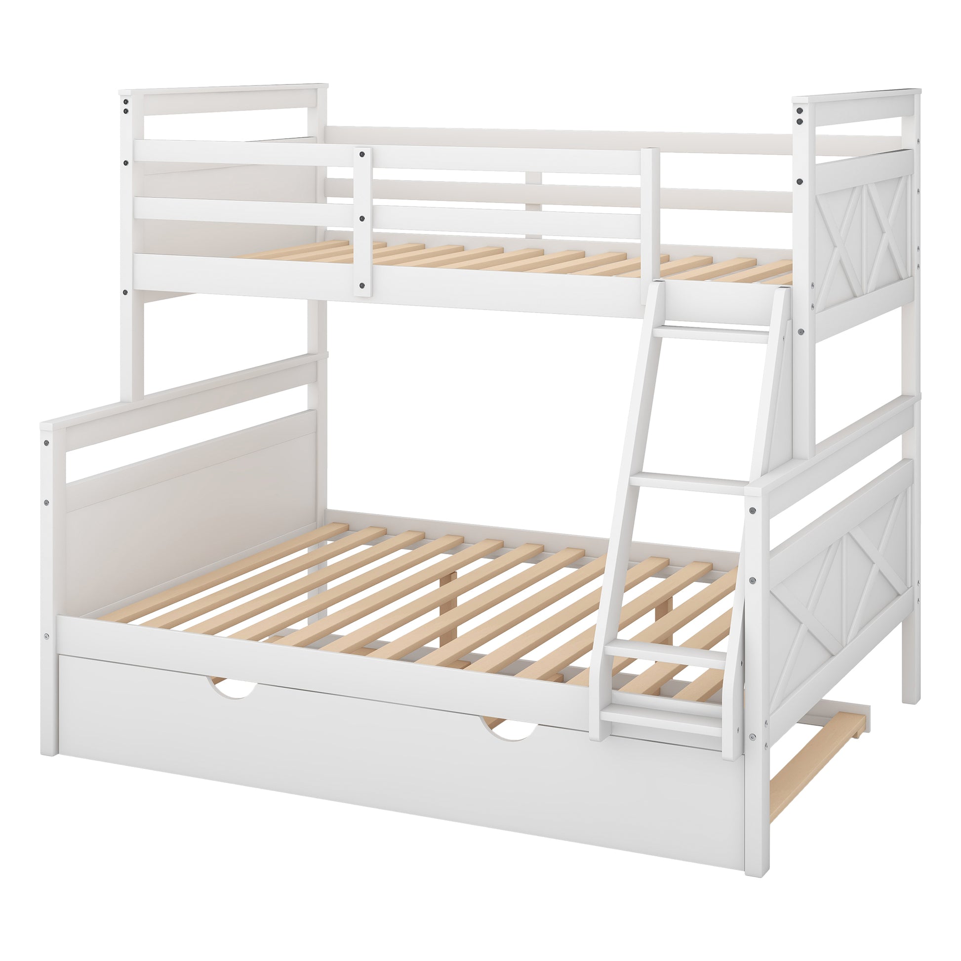 Twin Over Full Bunk Bed With Ladder, Twin Size Trundle, Safety Guardrail, White Old Sku: Sm000208Aae 1 Box Spring Not Required White Wood Bedroom Pine