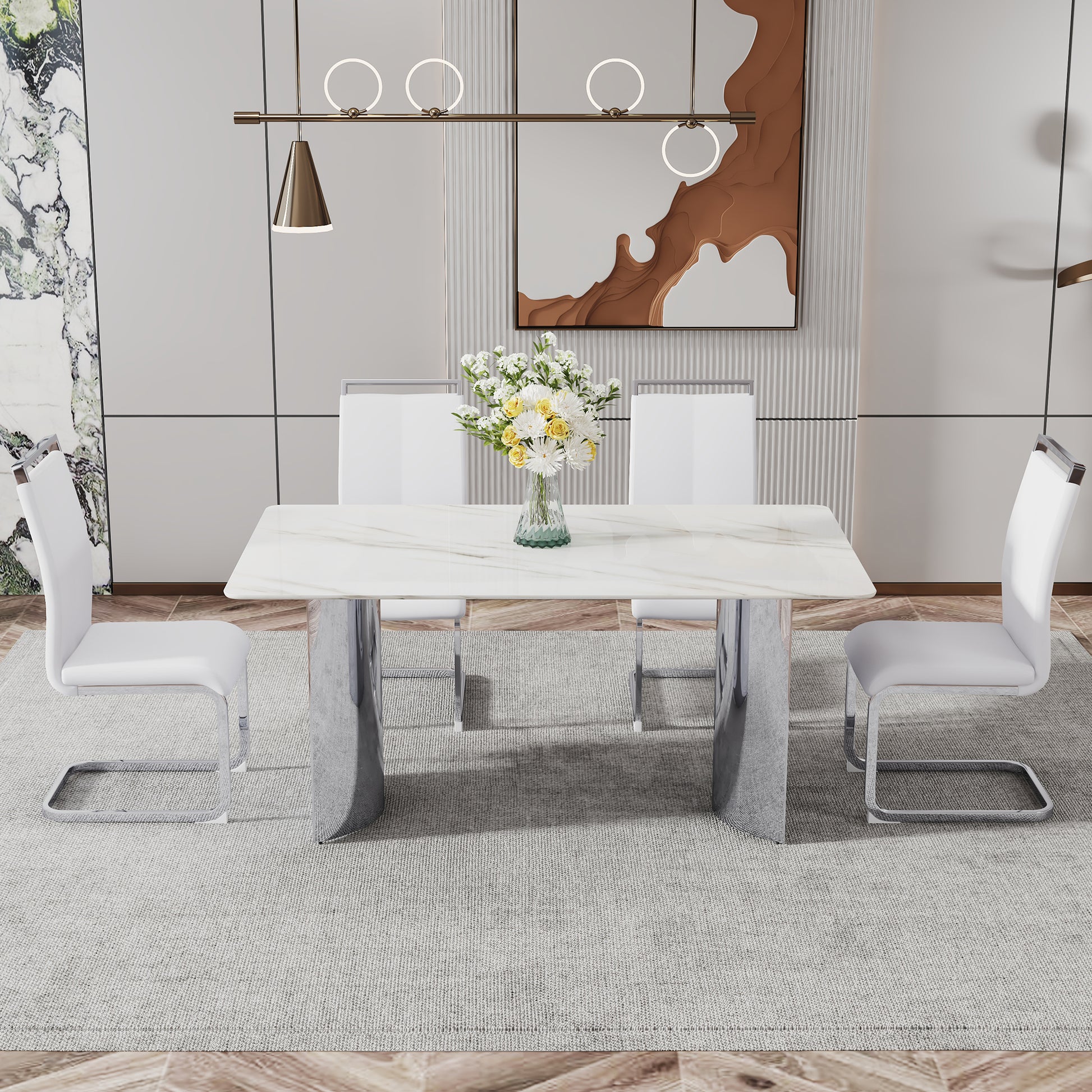 Modern Minimalist Dining Table. White Imitation Marble Glass Sticker Desktop, Stainless Steel Legs, Stable And Beautiful. Suitable For Living Room And Dining Room 63" *35.4" *29.5"Dt 69 White Glass