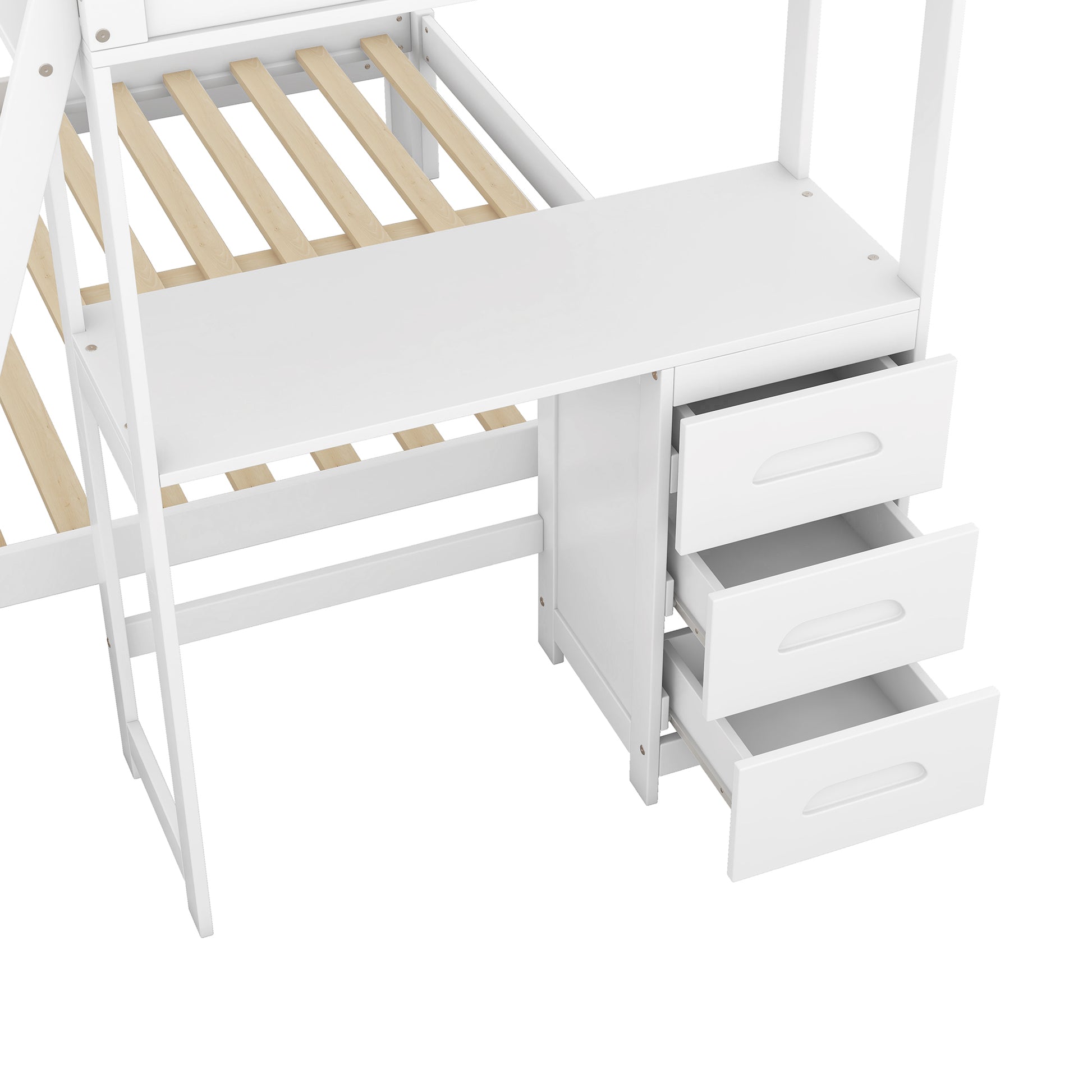 Twin Over Full Bunk Bed With Built In Desk And Three Drawers,White Box Spring Not Required White Wood Pine