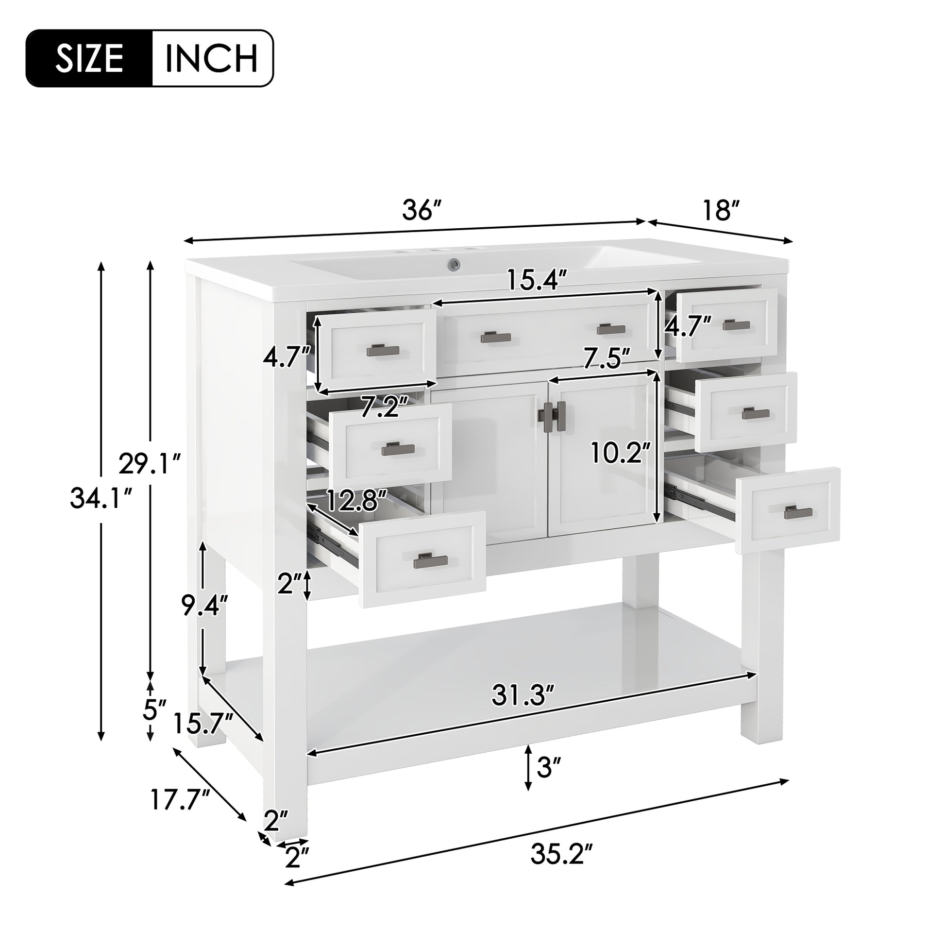 36'' Bathroom Vanity With Top Sink, Modern Bathroom Storage Cabinet With 2 Soft Closing Doors And 6 Drawers, Single Sink Bathroom Vanity 4 White 2 1 Soft Close Doors Freestanding Mdf Painted