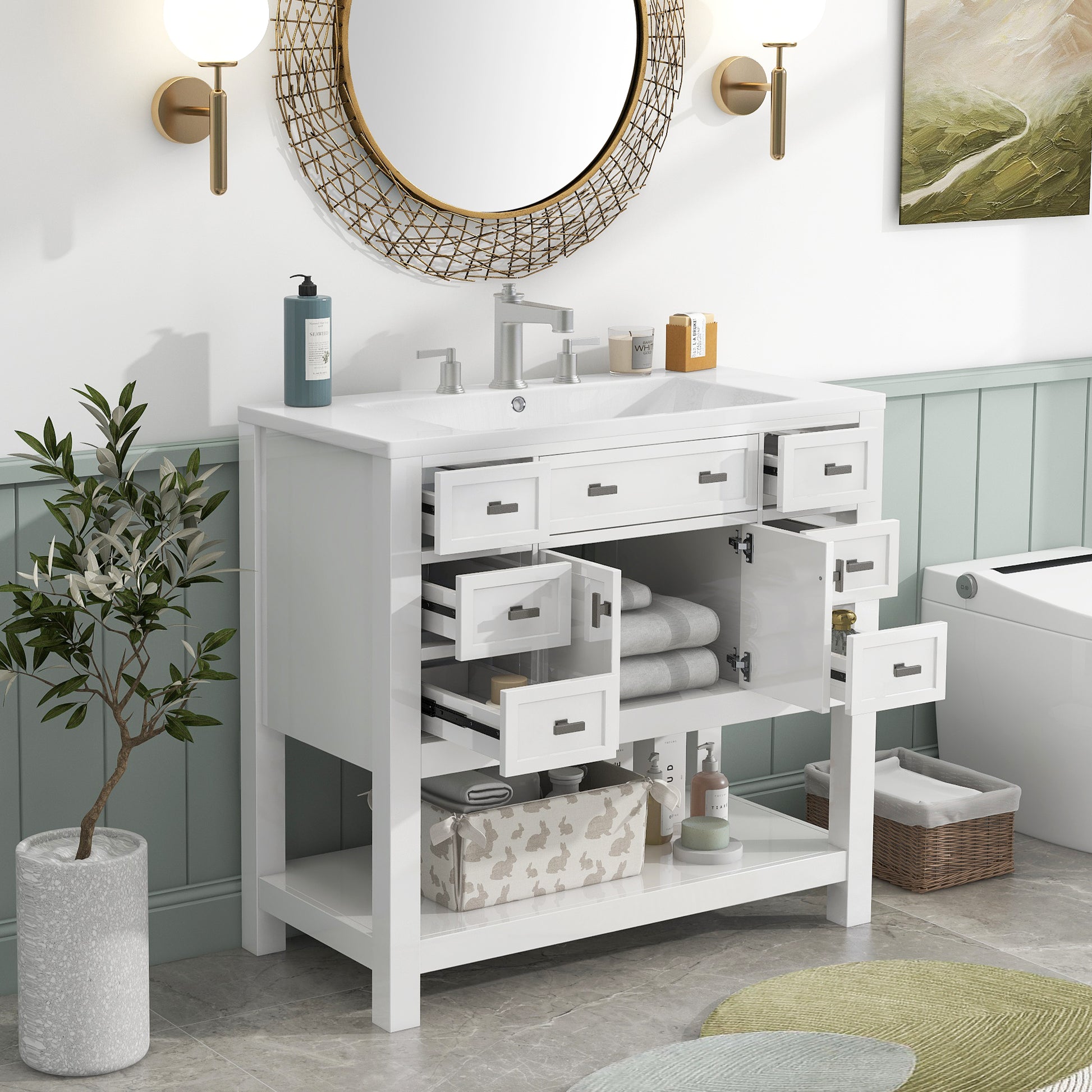 36'' Bathroom Vanity With Top Sink, Modern Bathroom Storage Cabinet With 2 Soft Closing Doors And 6 Drawers, Single Sink Bathroom Vanity 4 White 2 1 Soft Close Doors Freestanding Mdf Painted