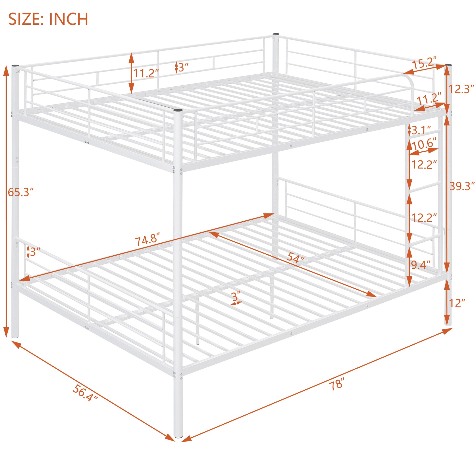 Full Over Full Metal Bunk Bed, White White Iron