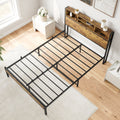 Full Size Bed Frame With Storage Headboard, Metal Platform Bed With Charging Station, Bookcase Storage, No Box Spring Needed, Easy Assembly, Noise Free, Black Box Spring Not Required Full Black Iron Brown Bedroom Bed Frame Metal & Wood