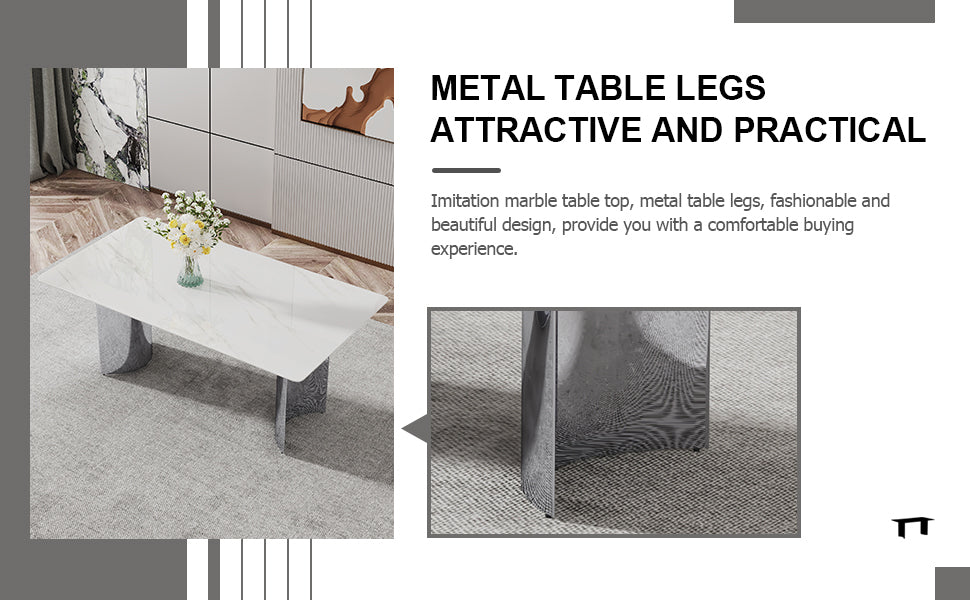 Modern Minimalist Dining Table. The White Imitation Marble Glass Desktop Is Equipped With Silver Metal Legs. Suitable For Restaurants And Living Rooms 71" *39.3" *29.5" Dt 69 White Glass