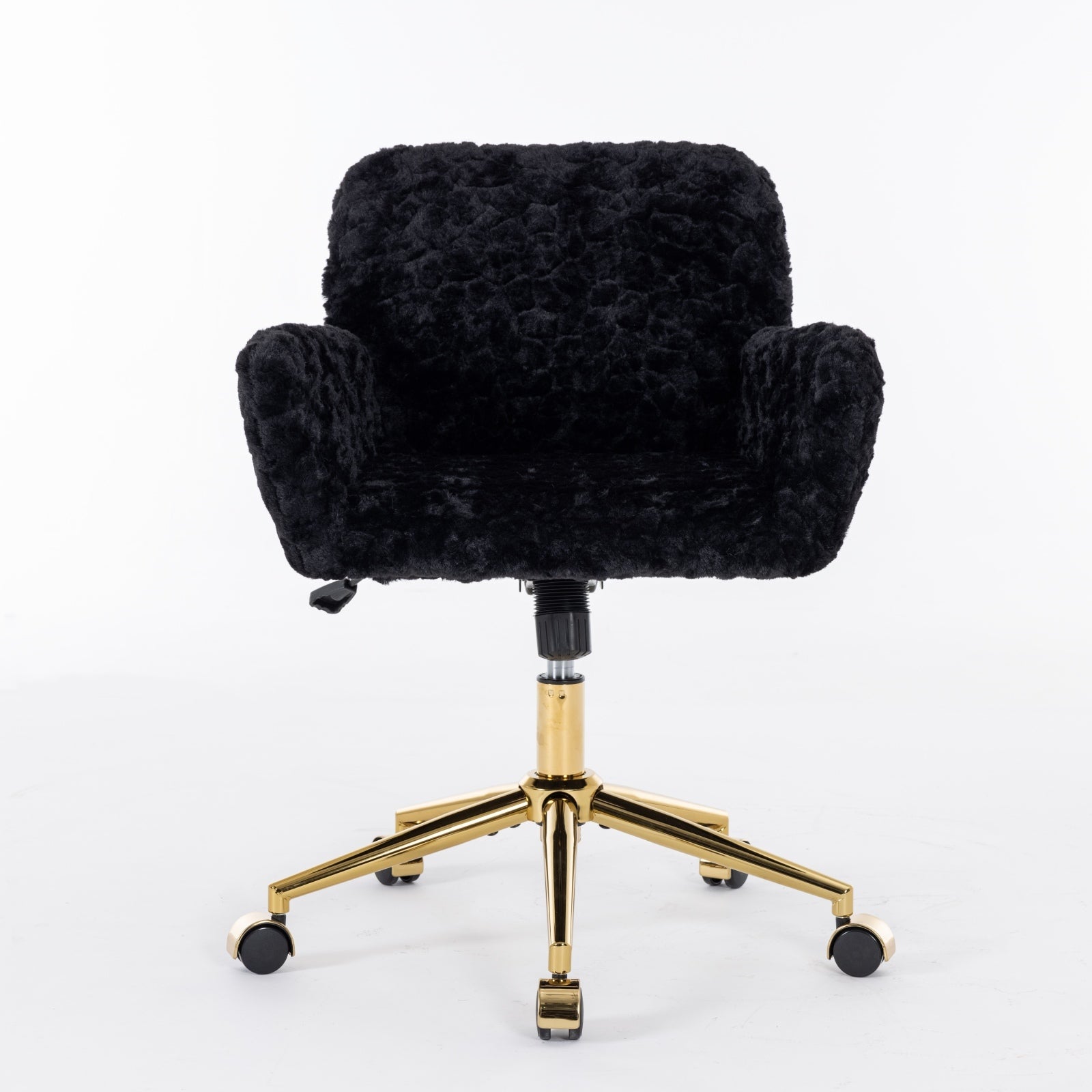 Office Chair,Artificial Rabbit Hair Home Office Chair With Golden Metal Base,Adjustable Desk Chair Swivel Office Chair,Vanity Chair Black Black Study Foam Upholstered