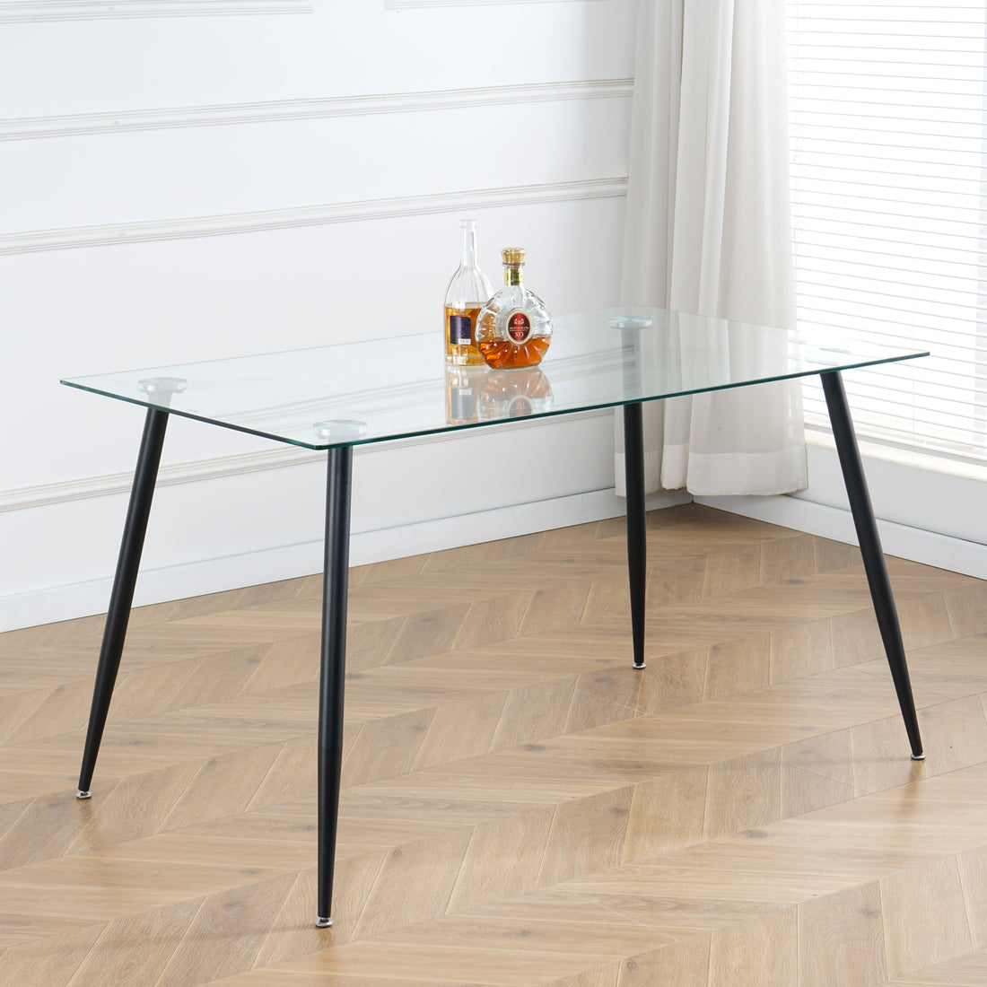Modern Kitchen Glass Dining Table 51" Rectangular Tempered Glass Table Top,Clear Dining Table Metal Legs, Black Legs Black Rectangular Glass