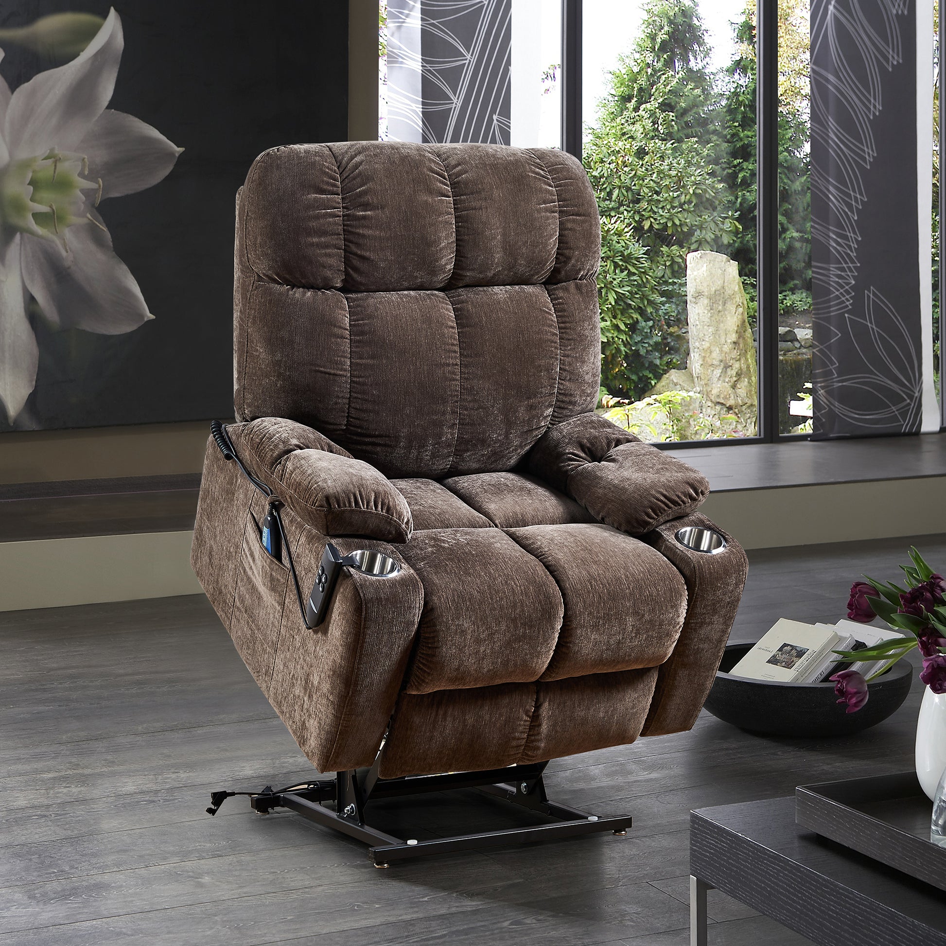 Liyasi Dual Okin Motor Power Lift Recliner Chair For Elderly Infinite Position Lay Flat 180 Recliner With Heat Massage Brown Velvet Power Remote Primary Living Space Soft Cushion Back American Design Beech Pillow Top Arms Foam Fabric