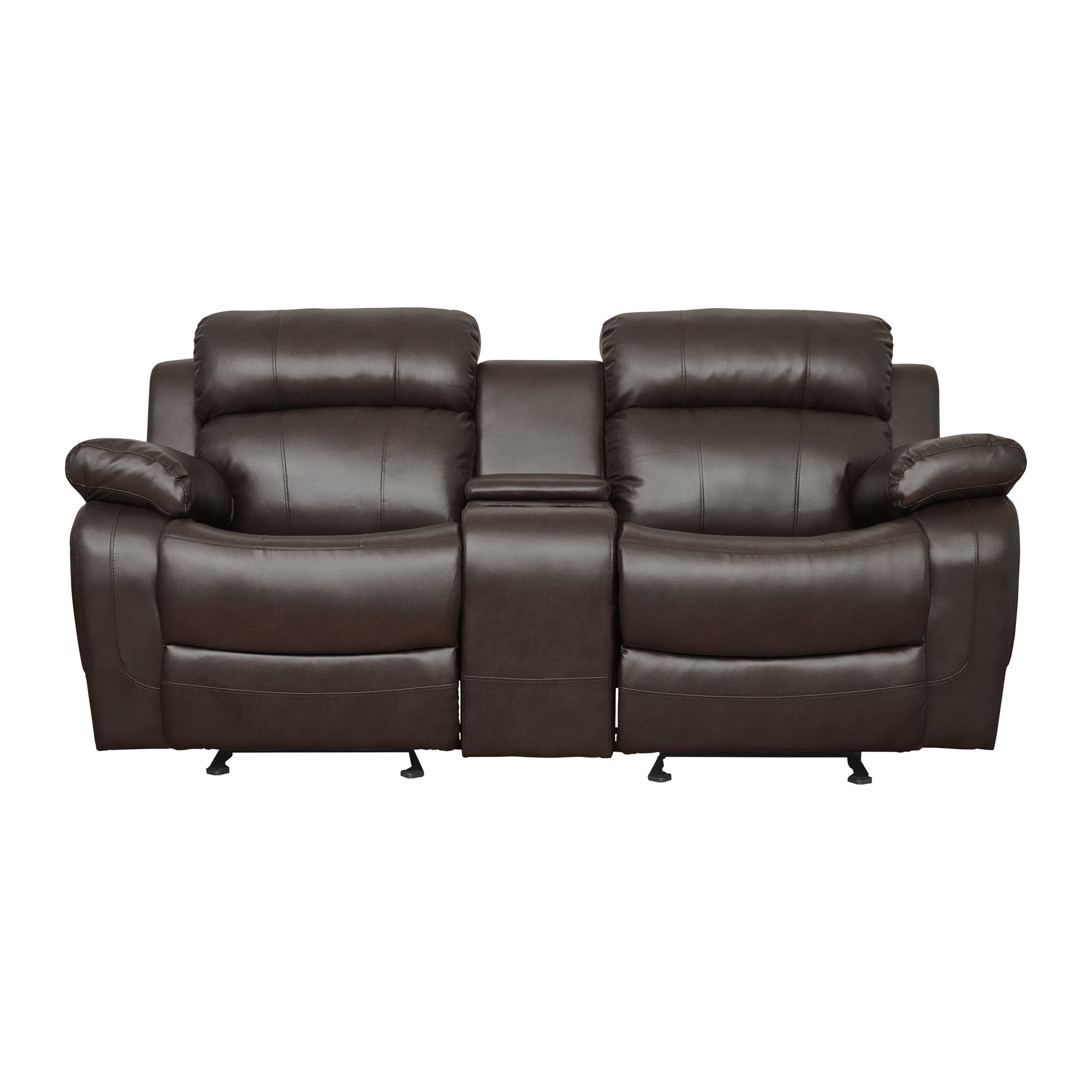 Double Glider Reclining Beautiful Seat With Center Console Brown Faux Leather Upholstered Contemporary Living Room Furniture Brown Primary Living Space Contemporary Solid Wood