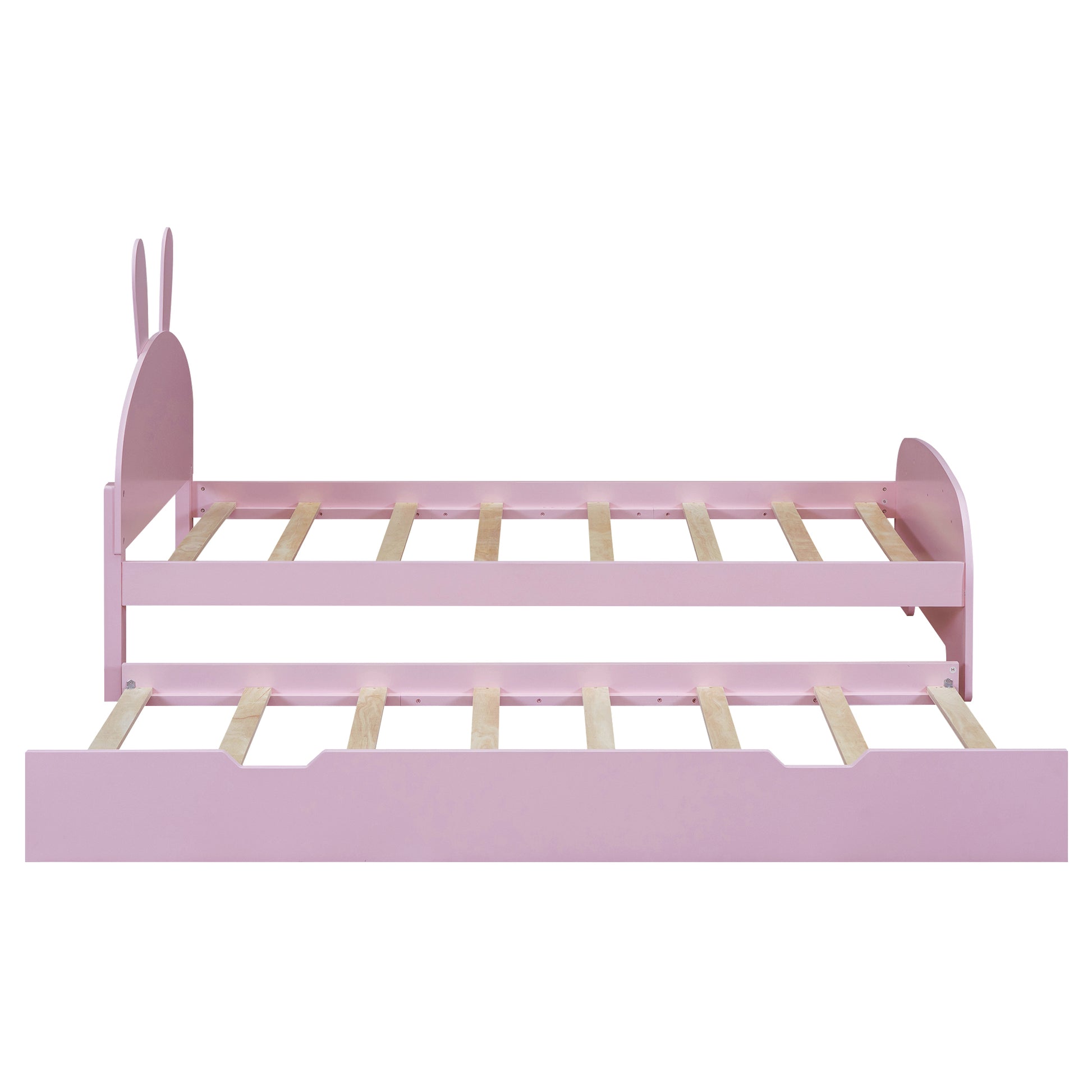 Wood Twin Size Platform Bed With Cartoon Ears Shaped Headboard And Trundle, Pink Box Spring Not Required Twin Pink Wood Bedroom Chenille Solid Wood Mdf