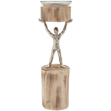 14 Inch Wooden Standing Man Candle Holder, Brown And Silver Brown Metal & Wood