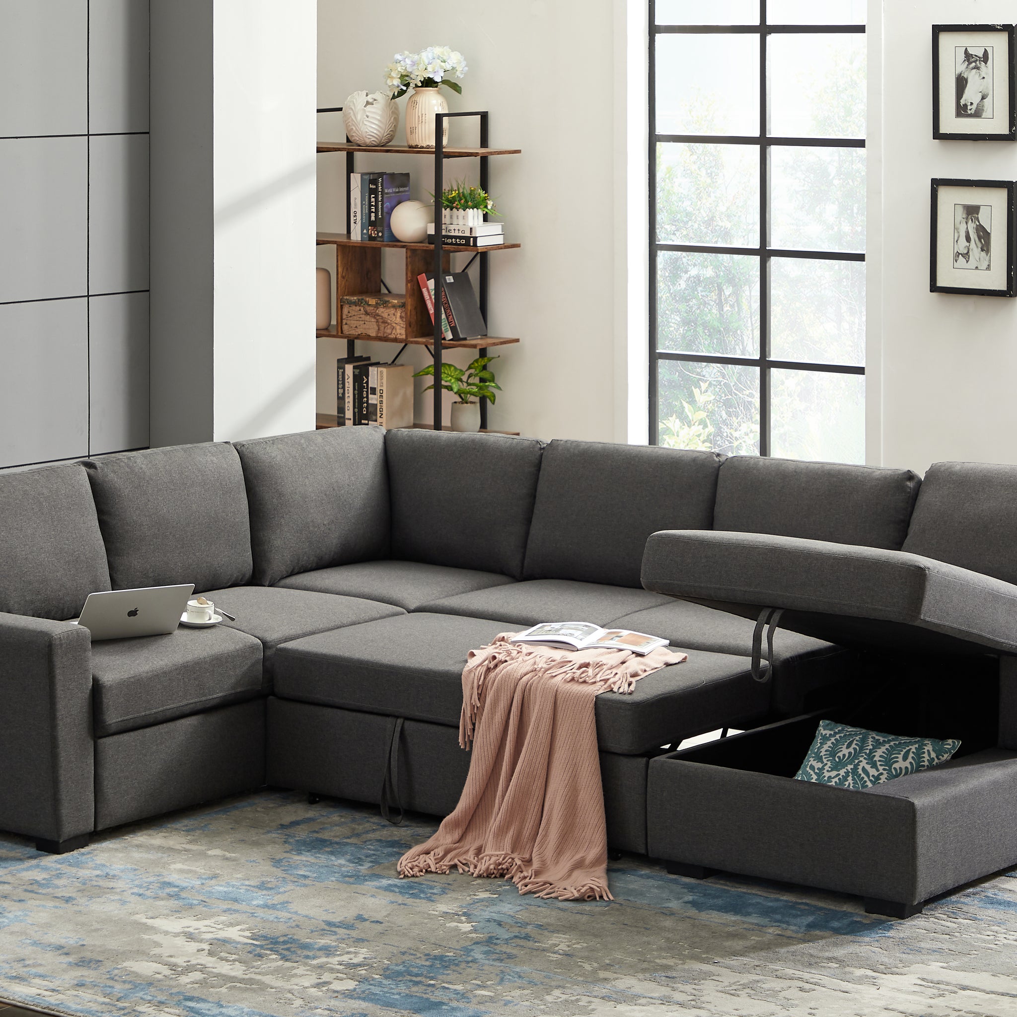 Ketterman 4 Piece Upholstered Sectional Dark Gray Foam Linen