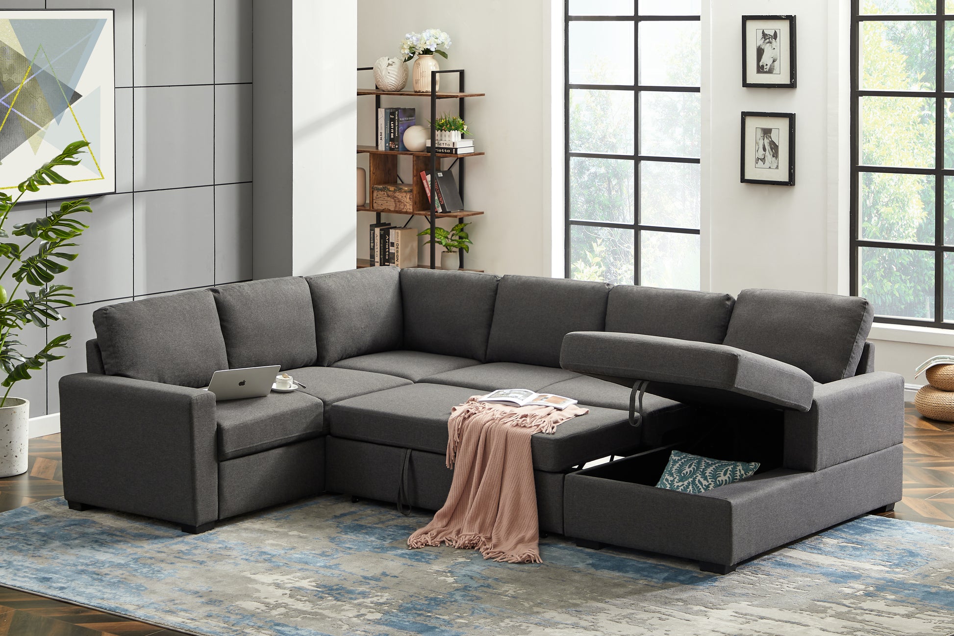 Ketterman 4 Piece Upholstered Sectional Dark Gray Foam Linen