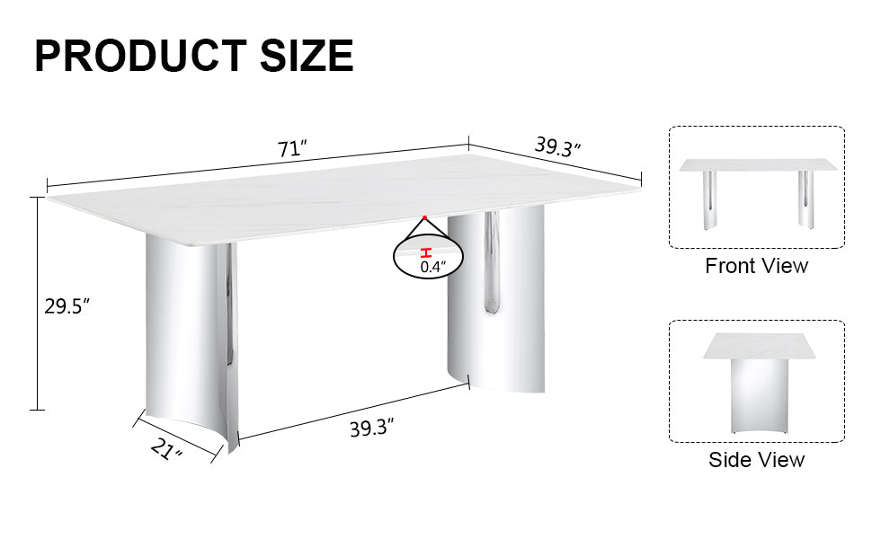 Modern Minimalist Dining Table. The White Imitation Marble Glass Desktop Is Equipped With Silver Metal Legs. Suitable For Restaurants And Living Rooms 71" *39.3" *29.5" Dt 69 White Glass