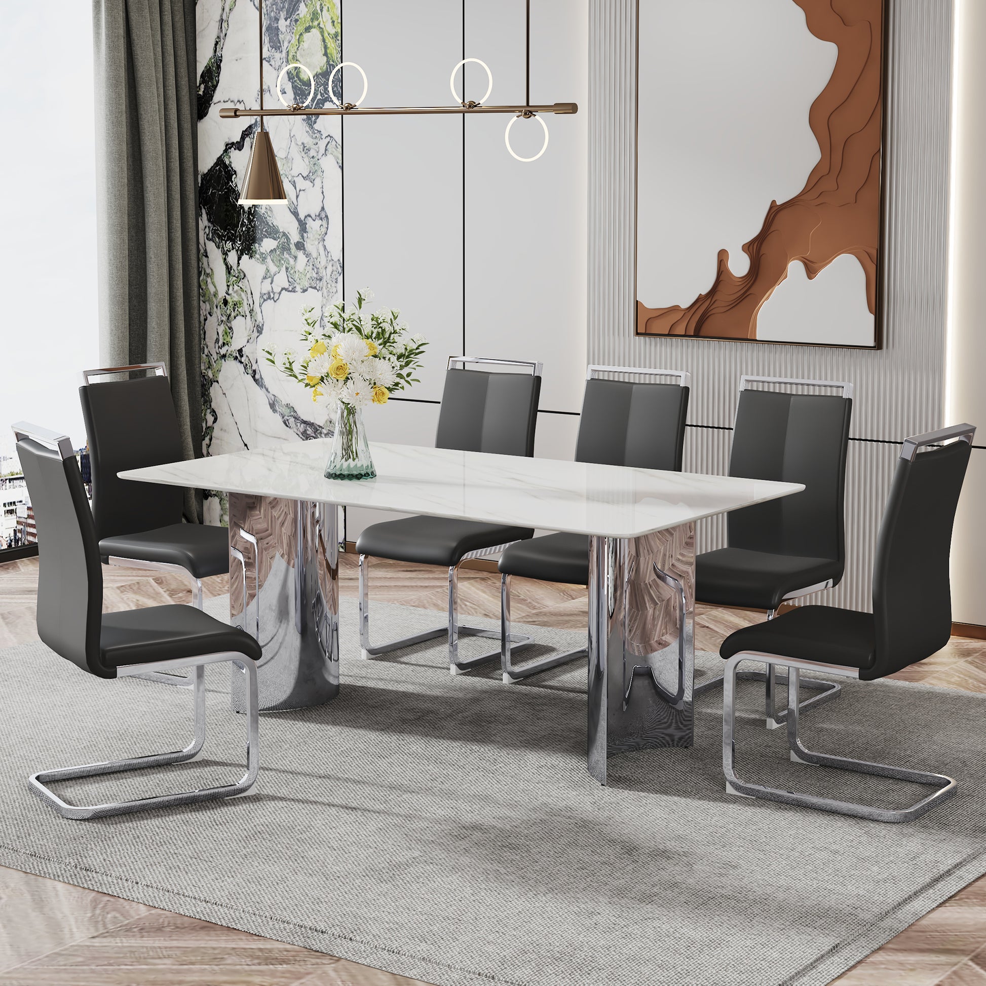 Modern Minimalist Dining Table. The White Imitation Marble Glass Desktop Is Equipped With Silver Metal Legs. Suitable For Restaurants And Living Rooms 71" *39.3" *29.5" Dt 69 White Glass