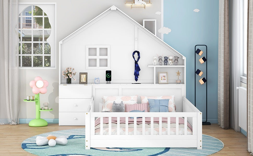 Full Size House Bed With Window And Bedside Drawers, Platform Bed With Shelves And A Set Of Sockets And Usb Port, White White Solid Wood Mdf