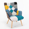 Modern Patchwork Accent Chair With Solid Wood Armrest And Feet, Mid Century Modern Accent Sofa, Fabric Sofa Chair For Living Room Bedroom Studio, Comfy Side Armchair For Bed Antique Blue Foam Linen