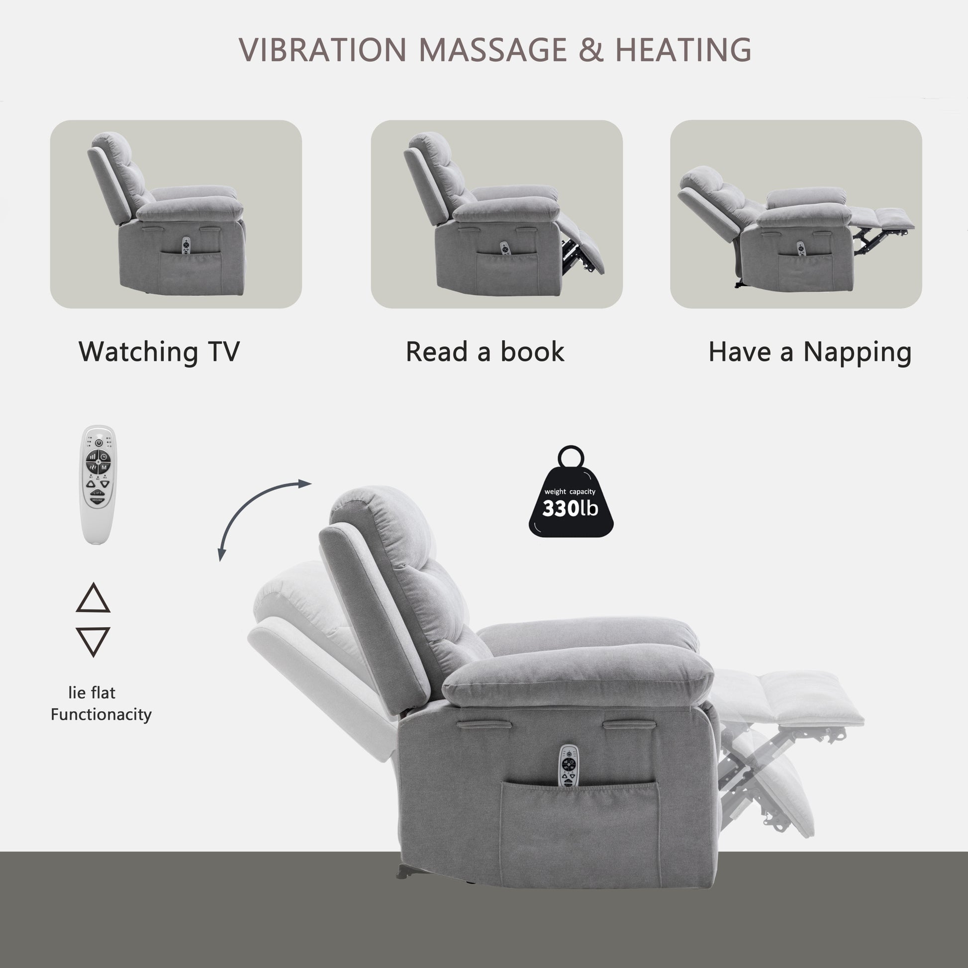 Power Recliner Chair With Adjustable Massage Function, Velvet Electric Power Chair For Elderly With One Side Pockets, Recliner Chair With Heating System For Living Room,Light Gray Light Gray Velvet