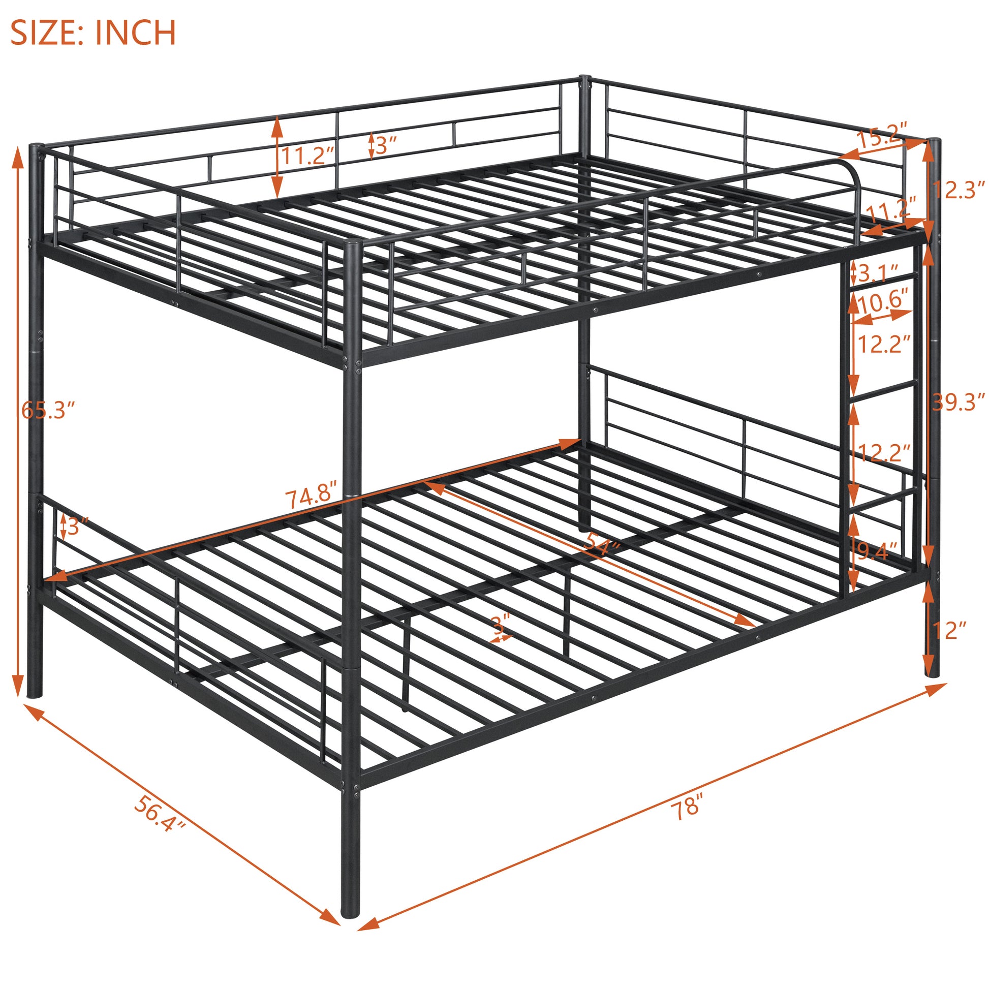 Full Over Full Metal Bunk Bed, Black Black Iron