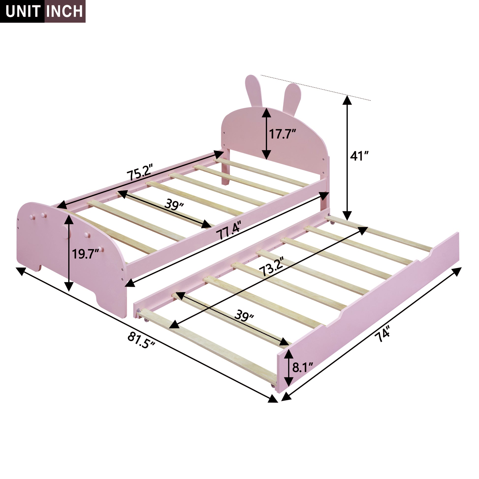 Wood Twin Size Platform Bed With Cartoon Ears Shaped Headboard And Trundle, Pink Box Spring Not Required Twin Pink Wood Bedroom Chenille Solid Wood Mdf