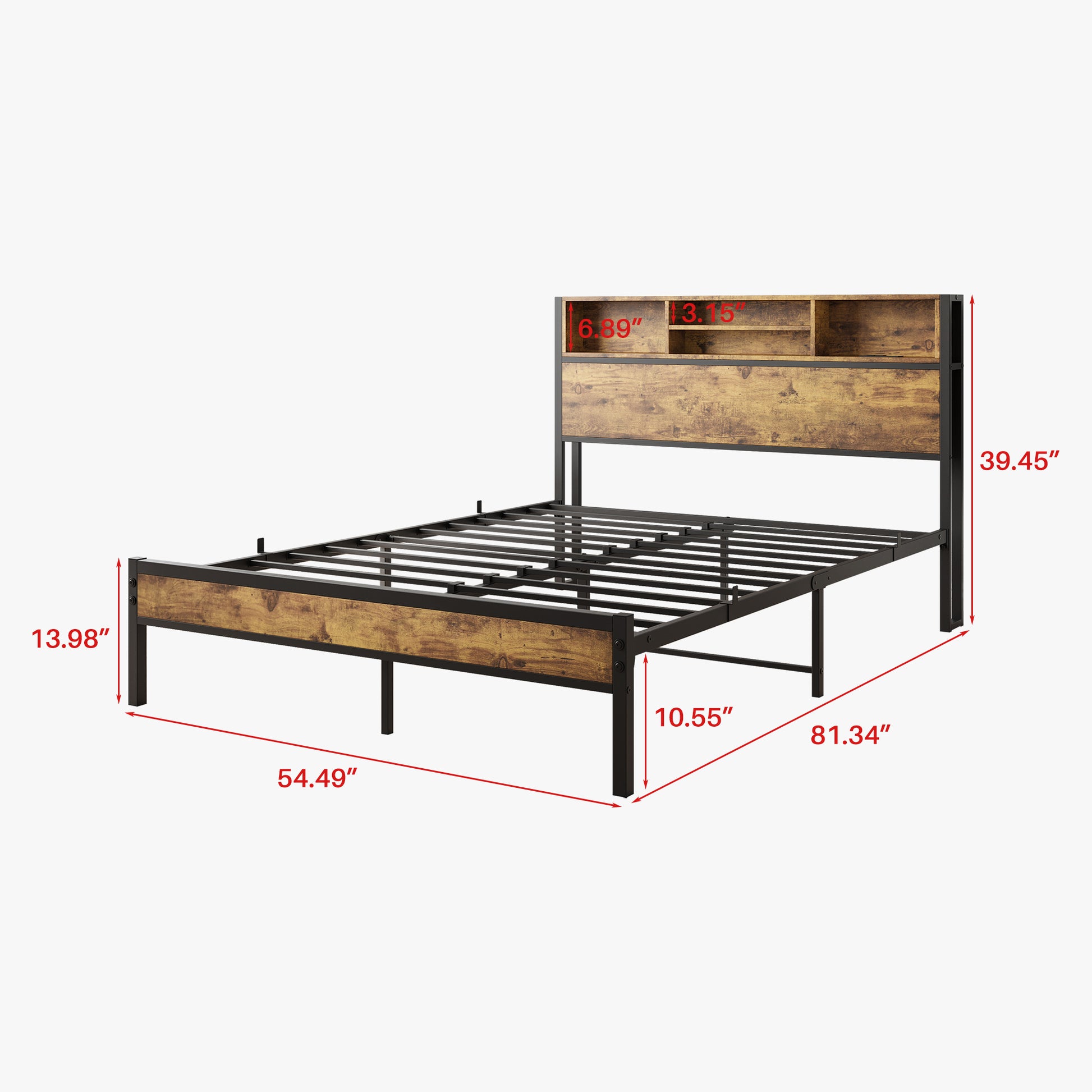 Full Size Bed Frame With Storage Headboard, Metal Platform Bed With Charging Station, Bookcase Storage, No Box Spring Needed, Easy Assembly, Noise Free, Black Box Spring Not Required Full Black Iron Brown Bedroom Bed Frame Metal & Wood