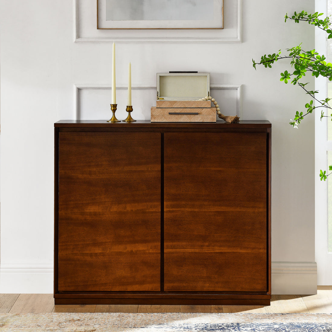 Walnut Colored Sideboard, Buffet Cabinet With 2 Outlet Holes, Storage Cabinet For Entryway, Hallway, Living Room, Kitchen, Dining Room, Bedroom, 39" 9.25" 32.63" 1 2 Shelves Walnut Brown Primary Living Space Mdf