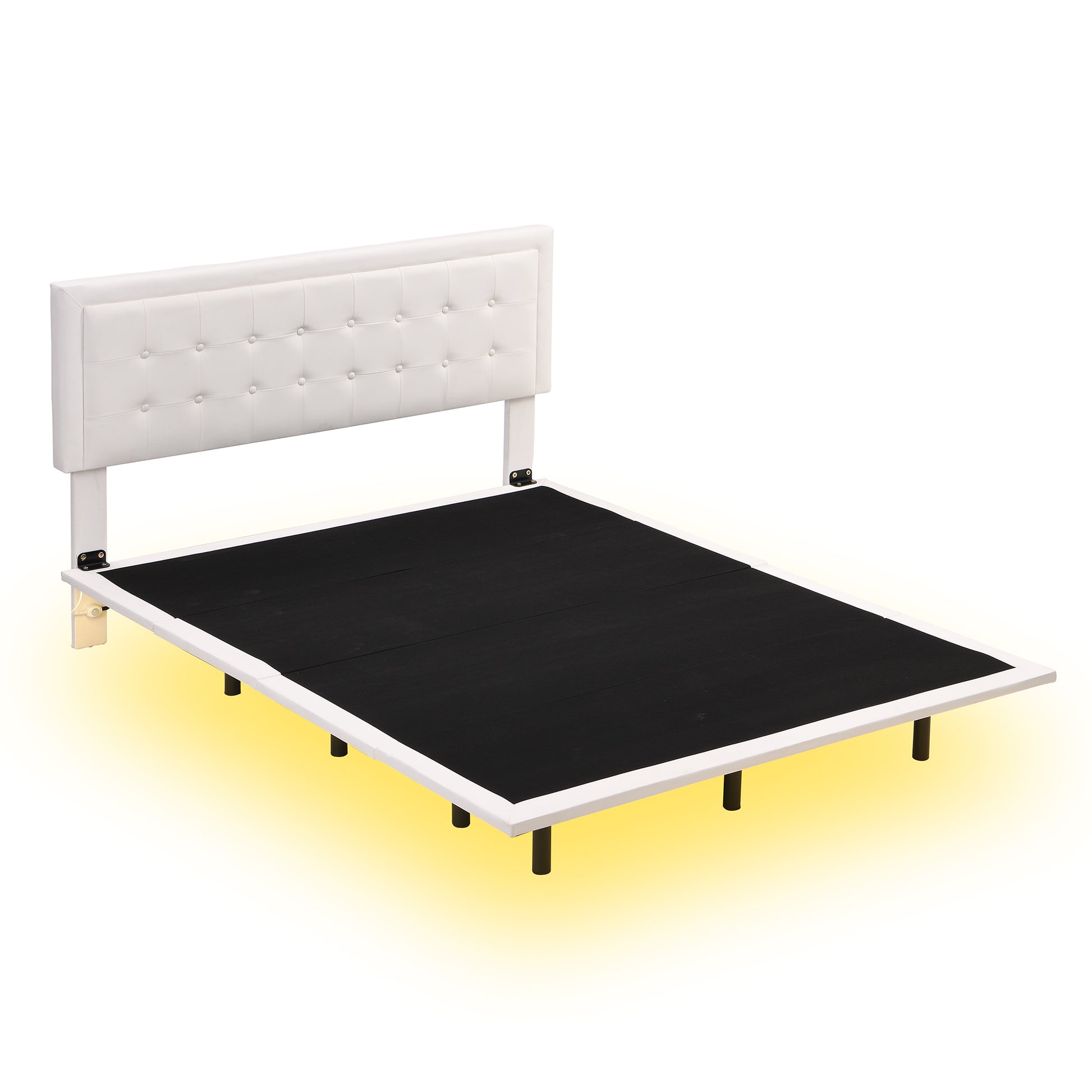 Queen Size Floating Bed Frame With Motion Activated Night Lights,Modern Pu Upholstered Button Tufted Platform Bed Frame,White White Pu