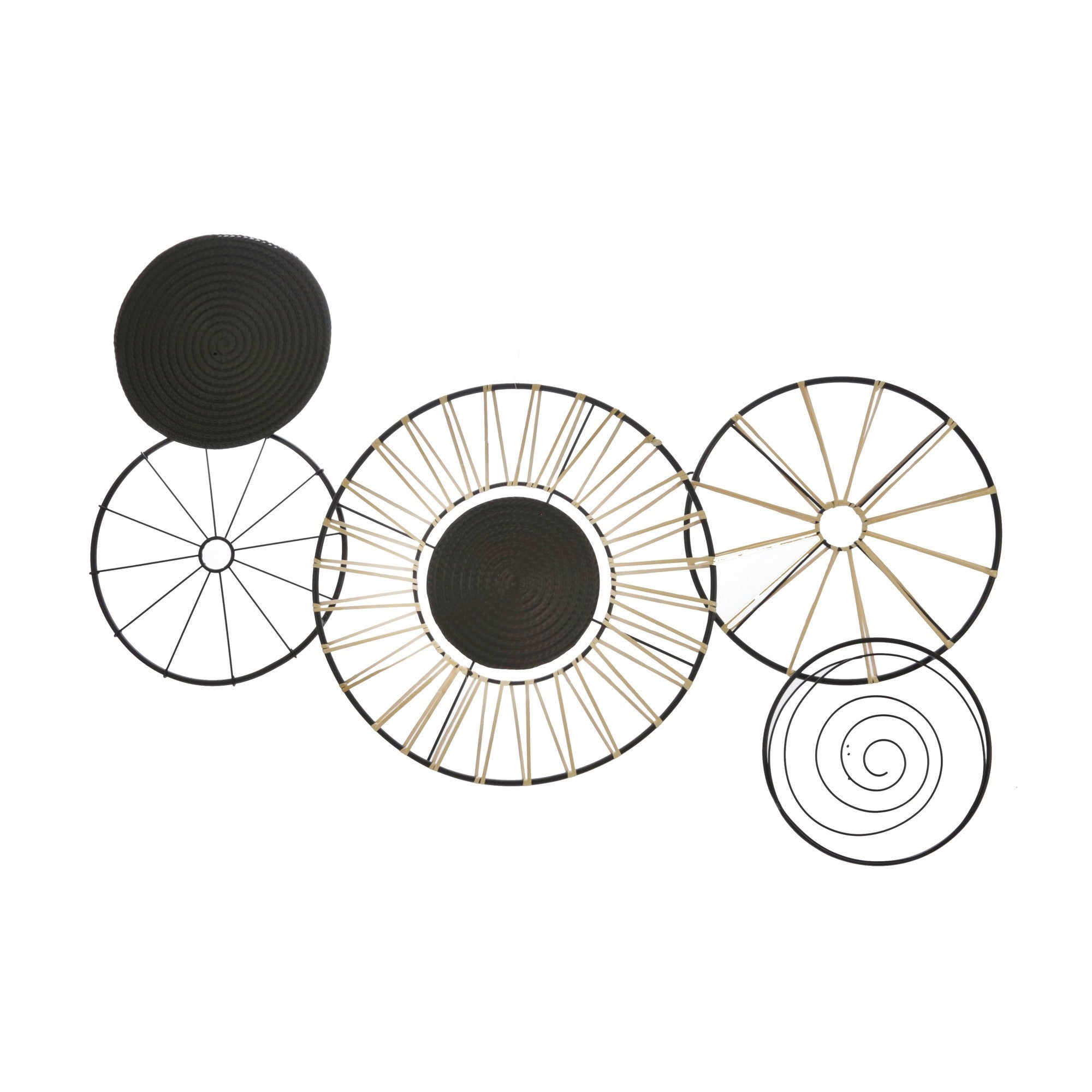 Circular 5 Piece Metal Wall Decor With Wheel And Plate Design, Black Black Metal