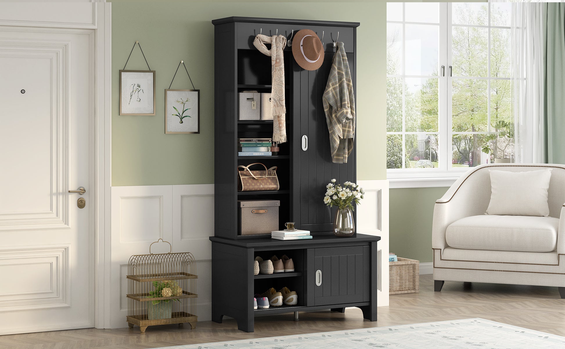 Multifunctional Hall Tree With Sliding Doors, Wooden Hallway Shoe Cabinet With Storage Bench And Shelves, Mudroom Coat Storage With Hanging Hooks For Entryways, Black Black Mdf