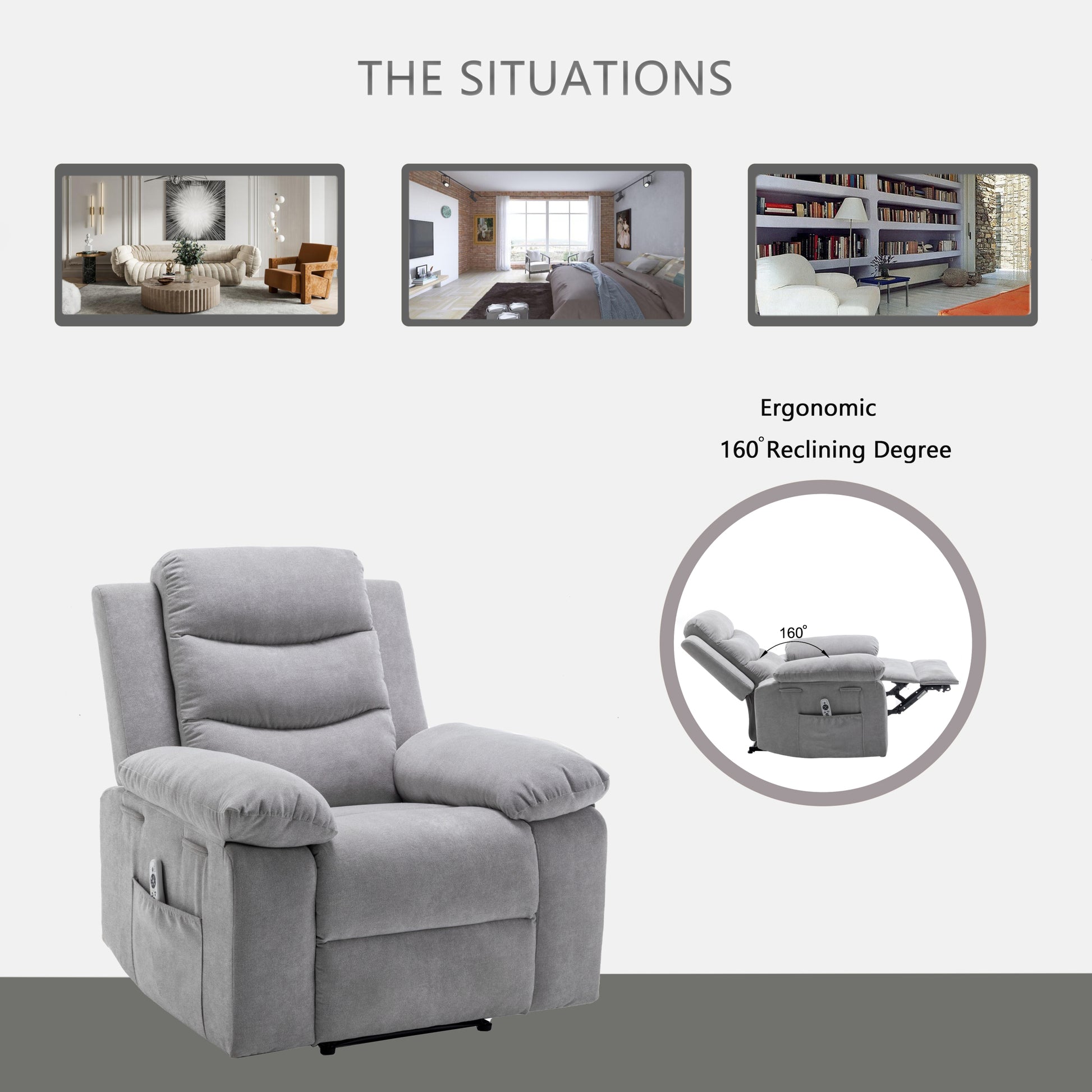 Power Recliner Chair With Adjustable Massage Function, Velvet Electric Power Chair For Elderly With One Side Pockets, Recliner Chair With Heating System For Living Room,Light Gray Light Gray Velvet