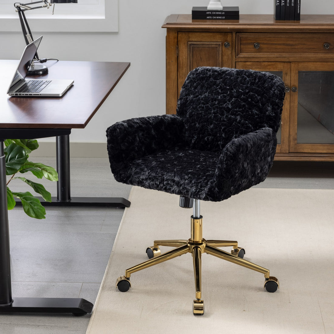 Office Chair,Artificial Rabbit Hair Home Office Chair With Golden Metal Base,Adjustable Desk Chair Swivel Office Chair,Vanity Chair Black Black Study Foam Upholstered