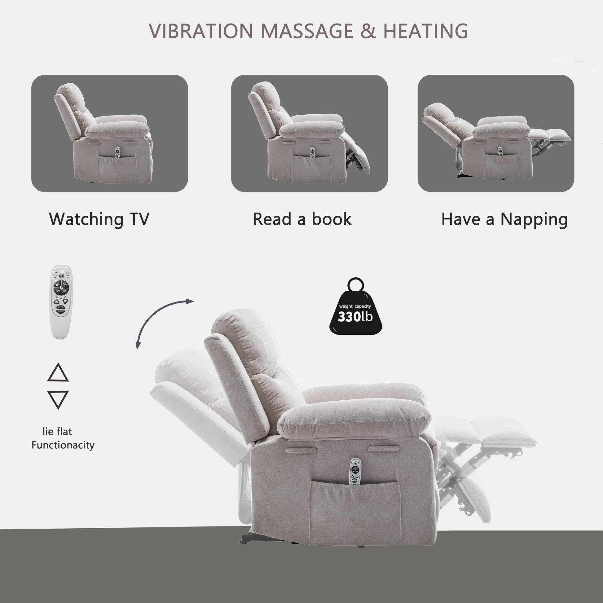 Power Recliner Chair With Adjustable Massage Function, Velvet Electric Power Chair For Elderly With One Side Pockets, Recliner Chair With Heating System For Living Room,Beige Beige Velvet