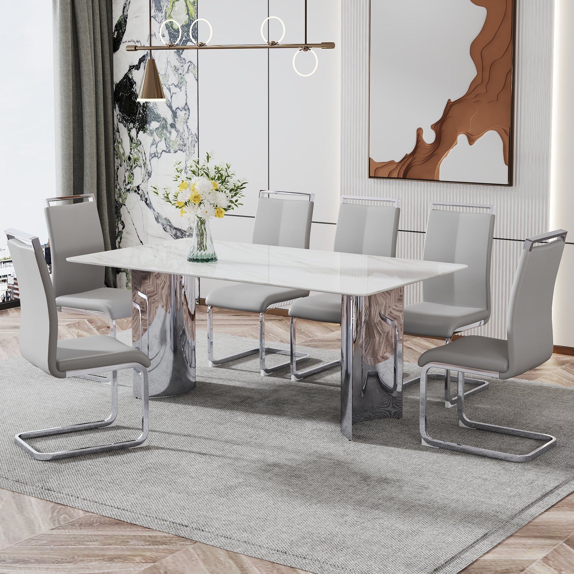 Modern Minimalist Dining Table. The White Imitation Marble Glass Desktop Is Equipped With Silver Metal Legs. Suitable For Restaurants And Living Rooms 71" *39.3" *29.5" Dt 69 White Glass