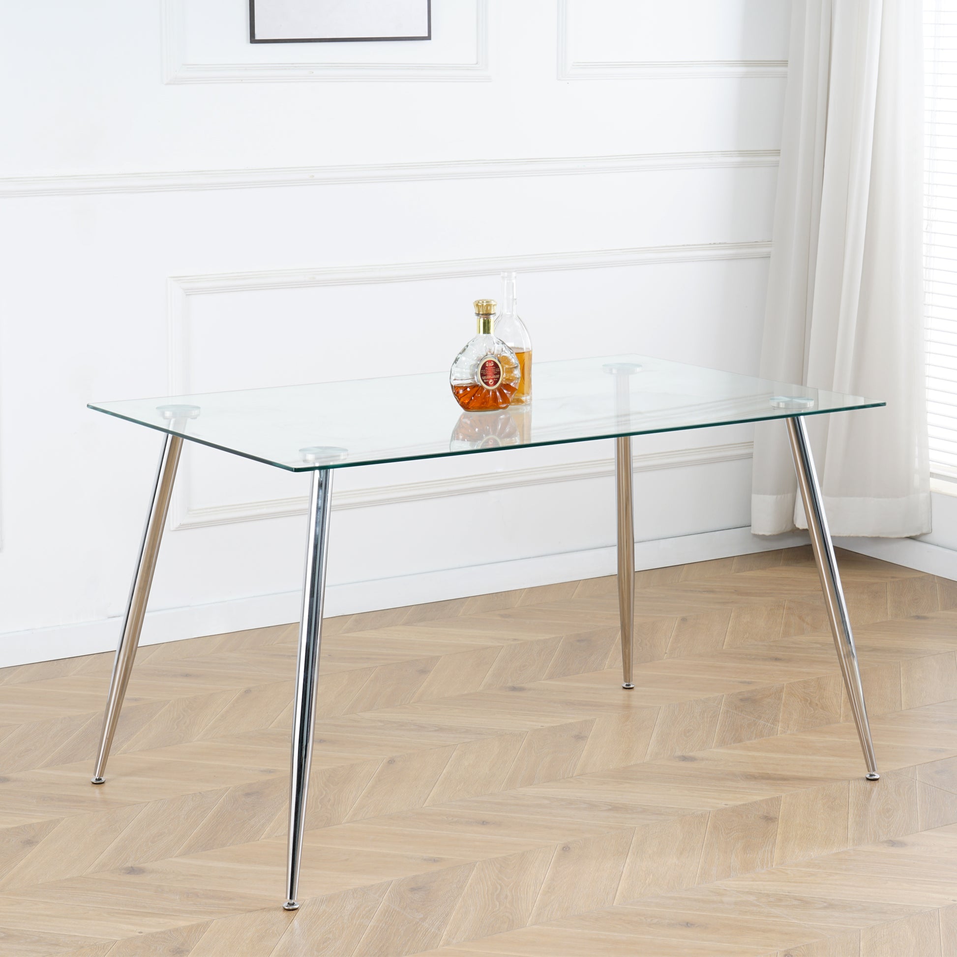 Modern Simple Rectangular Glass Dining Table, Solid Tempered Glass Tabletop, Electroplated Table Legs, Black Pu Dining Chair Set, Suitable For Restaurant Kitchen Use Set Of 5 Upholstered Chair Glass Black Seats 4 Metal Rectangular Dining Table With Chair