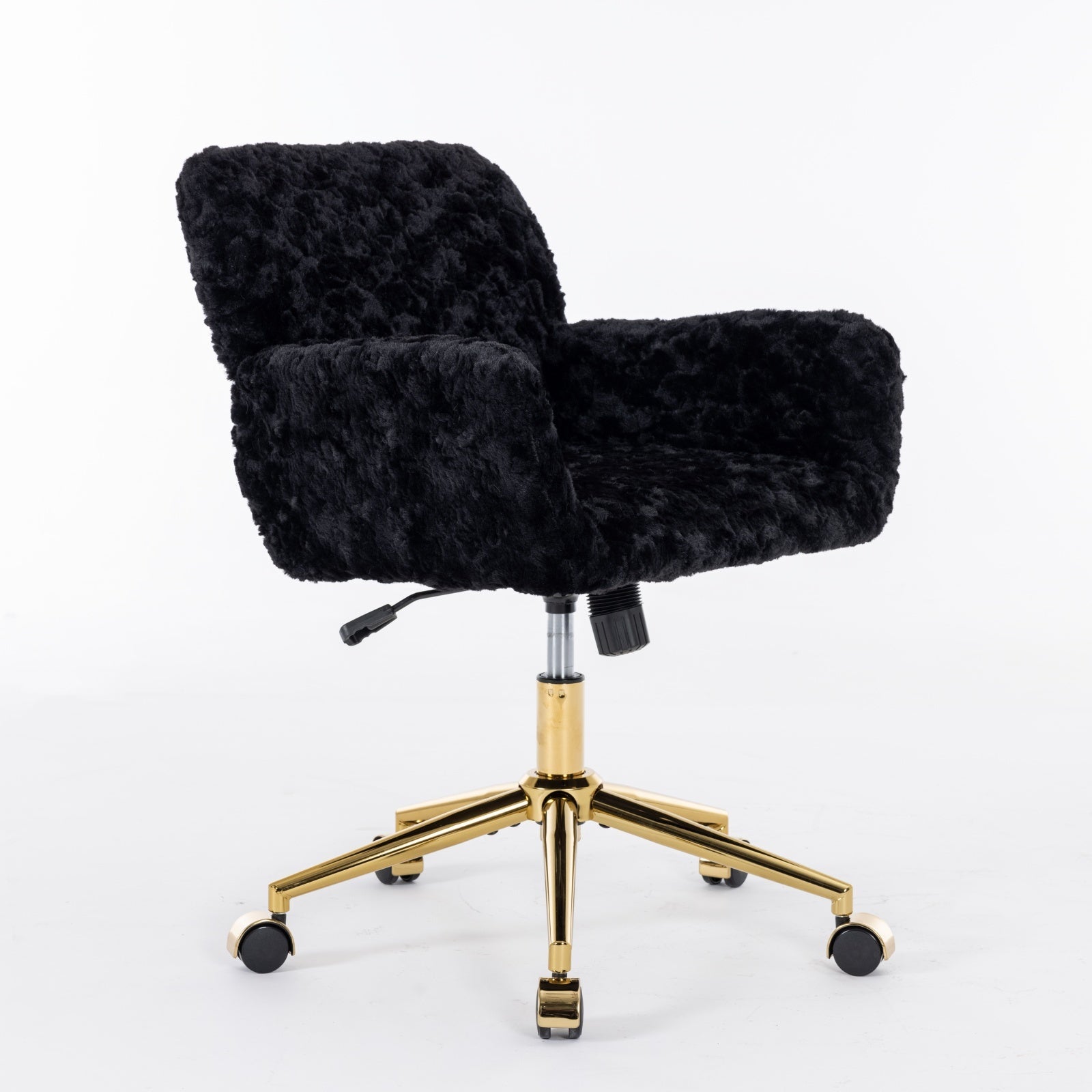 Office Chair,Artificial Rabbit Hair Home Office Chair With Golden Metal Base,Adjustable Desk Chair Swivel Office Chair,Vanity Chair Black Black Study Foam Upholstered