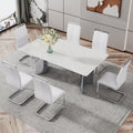 Modern Minimalist Dining Table. The White Imitation Marble Glass Desktop Is Equipped With Silver Metal Legs. Suitable For Restaurants And Living Rooms 71