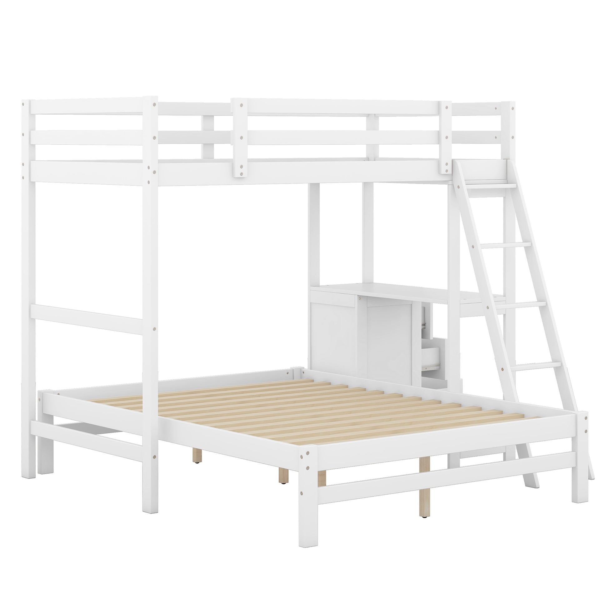 Twin Over Full Bunk Bed With Built In Desk And Three Drawers,White Box Spring Not Required White Wood Pine