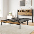 Full Size Bed Frame With Storage Headboard, Metal Platform Bed With Charging Station, Bookcase Storage, No Box Spring Needed, Easy Assembly, Noise Free, Black Box Spring Not Required Full Black Iron Brown Bedroom Bed Frame Metal & Wood