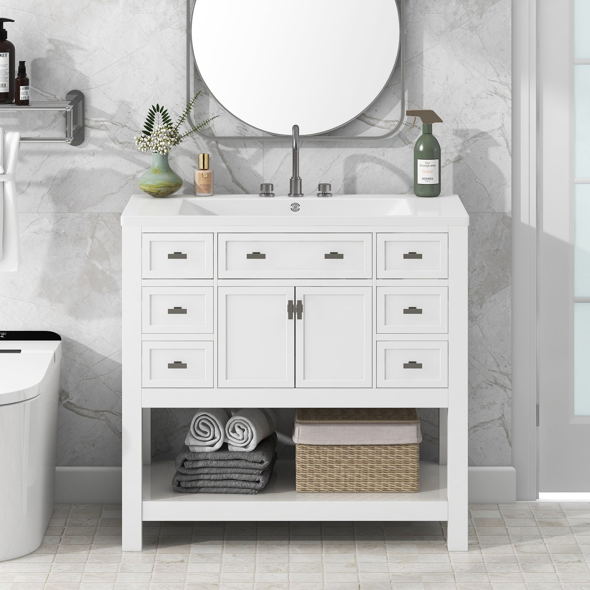 36'' Bathroom Vanity With Top Sink, Modern Bathroom Storage Cabinet With 2 Soft Closing Doors And 6 Drawers, Single Sink Bathroom Vanity 4 White 2 1 Soft Close Doors Freestanding Mdf Painted