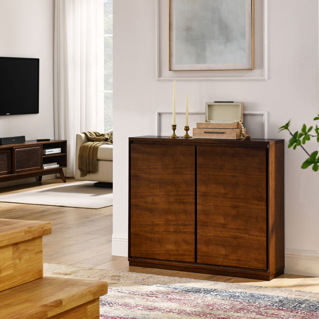 Walnut Colored Sideboard, Buffet Cabinet With 2 Outlet Holes, Storage Cabinet For Entryway, Hallway, Living Room, Kitchen, Dining Room, Bedroom, 39" 9.25" 32.63" 1 2 Shelves Walnut Brown Primary Living Space Mdf