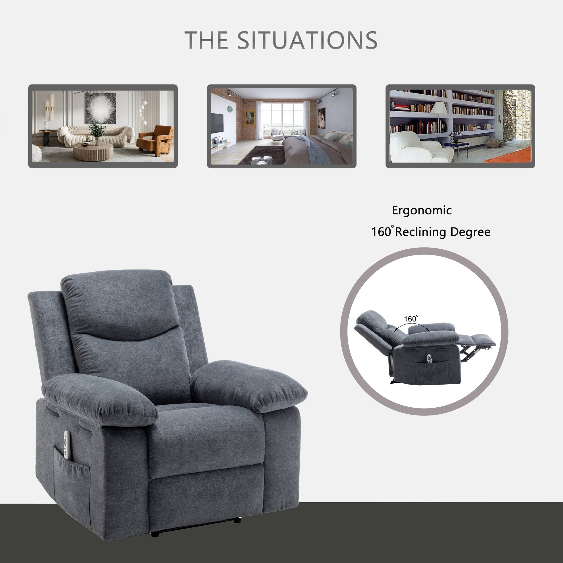 Power Recliner Chair With Adjustable Massage Function, Velvet Electric Power Chair For Elderly With One Side Pockets, Recliner Chair With Heating System For Living Room,Dark Gray Dark Gray Velvet