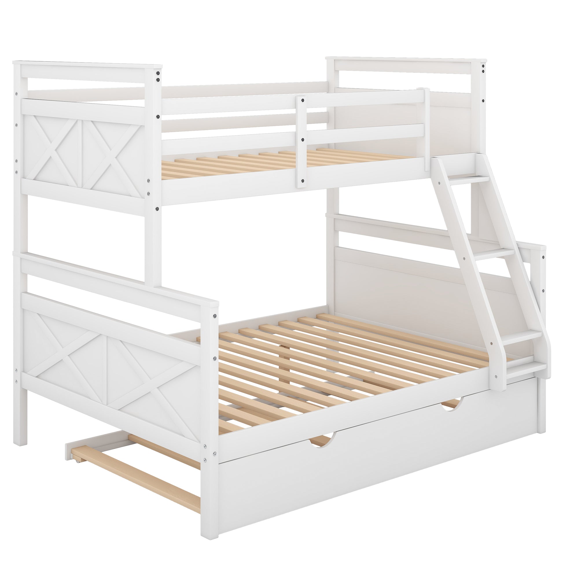 Twin Over Full Bunk Bed With Ladder, Twin Size Trundle, Safety Guardrail, White Old Sku: Sm000208Aae 1 Box Spring Not Required White Wood Bedroom Pine