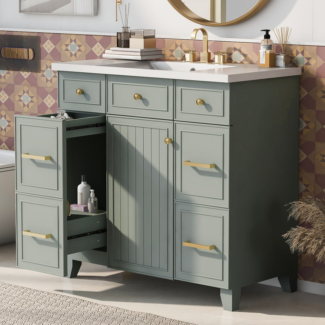 36" Bathroom Vanity Cabinet With Sink Top Combo Set, Green, Single Sink, Shaker Cabinet With Soft Closing Door And Drawer Green Solid Wood Mdf Resin