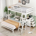 Twin Over Full Bunk Bed With Built In Desk And Three Drawers,White Box Spring Not Required White Wood Pine